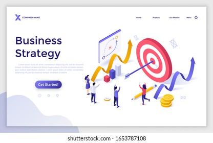 Landing page template with joyful people, shooting target with arrow in center. Concept of successful business strategy, goal achievement, success celebration. Modern isometric vector illustration.