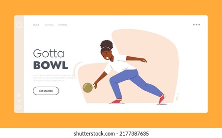 Landing Page Template. Kid Character Playing Bowling, Little African Girl Wearing Shoes Spend Time in Bowling Club on Weekend, Baby Throw Ball to Hit Pins. Active Leisure. Cartoon Vector Illustration