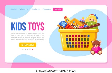 Landing page template for kids toys store with yellow shopping basket. Vector colorful illustration for website, homepage, app design, internet banner.