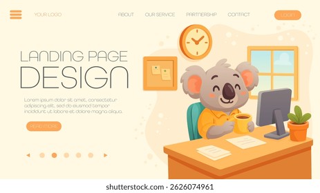 landing page template with koala in office at computer, career advancement, online learning