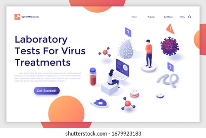 Landing page template with lab researcher working on laptop and searching for cure for viral infection. Concept of laboratory test for COVID-19 virus treatment. Modern isometric vector illustration.