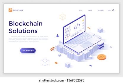 Landing page template with laptop computer on cubic blocks and Bitcoin. Equipment and tools for cryptocurrency mining, blockchain solutions. Creative isometric vector illustration for advertisement.