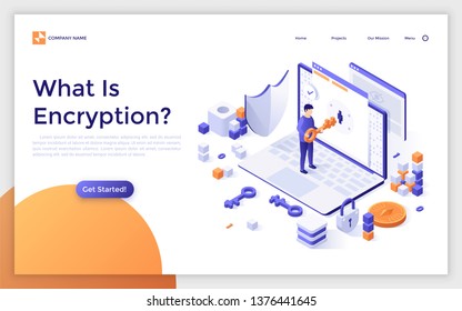 Landing page template with laptop computer and man opening lock with key. Internet encryption, access to encrypted data, protection of personal information. Creative isometric vector illustration.