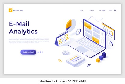 Landing Page Template With Laptop Computer And Incoming Electronic Letters. Concept Of Online Tool Or Service For Email Analytics, Analyzing Internet Messages. Modern Isometric Vector Illustration.