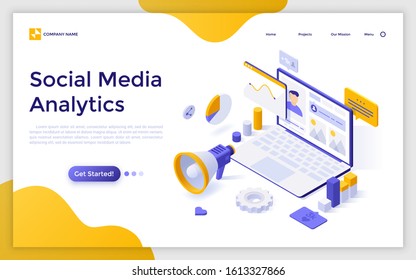 Landing page template with laptop computer, charts, internet indicators and megaphone. Concept of online tool or service for social media analytics and SMM. Isometric vector illustration for website.