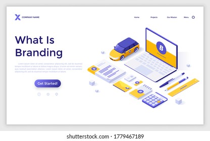 Landing Page Template mit Laptop Computer, Schreibwaren und Auto mit Firmenlogo auf ihnen. Konzept des Business-Branding, Corporate Identity. Moderne isometrische Vektorgrafik für Online-Werbung.
