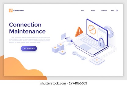 Landing Page Template With Laptop Computer With Internet Access Denied Sign On Screen, Plug And Socket. Concept Of Network Connection Maintenance Services. Modern Isometric Vector Illustration.