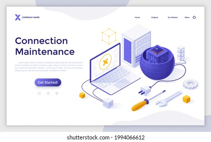 Landing page template with laptop computer with no signal sign, planet with plug and microchip inside. Concept of internet connection maintenance, web network access. Isometric vector illustration.