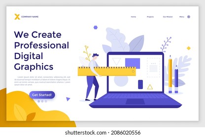Landing page template with laptop computer and artist or designer carrying ruler. Concept of digital design, graphics editor, computer program for art. Modern flat vector illustration for webpage.