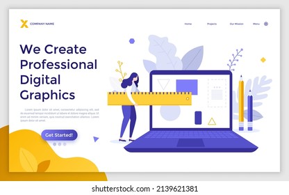 Landing page template with laptop computer and artist or designer carrying ruler. Concept of digital design, graphics editor, computer program for art. Modern flat vector illustration for webpage.