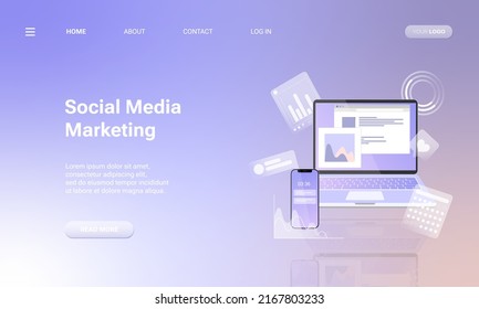 Landing page template with laptop computer, charts, internet indicators and smartphone. Concept of online tool or service for social media analytics and SMM. Vector illustration for website.