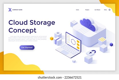 Landing page template with laptop computer connected to cloud. Concept of online files storage service or technology, digital data archive or backup. Modern isometric vector illustration for website.