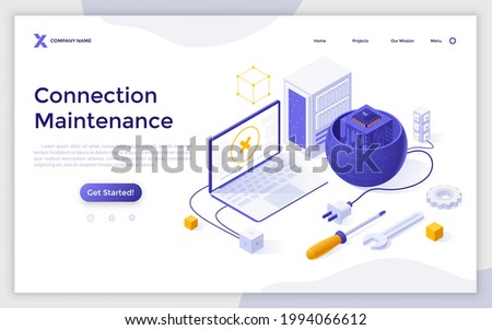 Landing page template with laptop computer with no signal sign, planet with plug and microchip inside. Concept of internet connection maintenance, web network access. Isometric vector illustration.