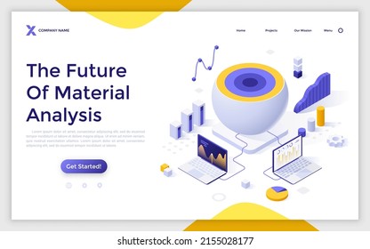 Landing page template with laptop computers connected to sphere with cut off cap. Concept of future of material analysis or research, nanotechnology. Modern isometric vector illustration for website.