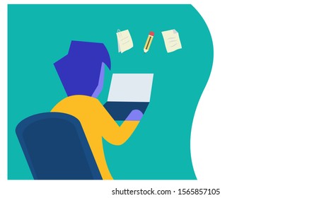 landing page template learn characters using a laptop. entrepreneurs use laptops.