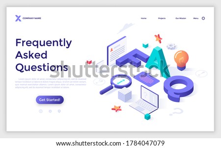 Landing page template with letters FAQ, laptop computer, magnifying glass, lightbulb. Concept of frequently asked questions, search for answers. Modern isometric vector illustration for webpage.
