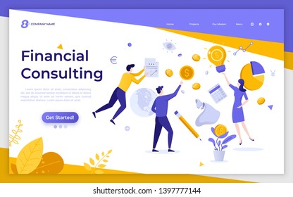 Landing page template with levitating financial managers, coins, diagrams. Money saving, personal finance consulting, investment management. Modern flat vector illustration for service promotion.