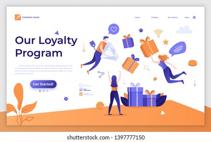 Landing page template with levitating internet retail customers and gift boxes. Promotion of online store or shop loyalty program, bonus or reward. Modern flat vector illustration for advertisement.