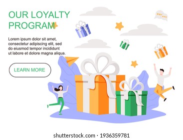 Landing Page Template mit schwindenden Internetkunden und Geschenkbox. Förderung von Online-Shop-Loyalitätsprogrammen, Bonus oder Belohnung. Moderne flache Vektorgrafik für Werbung.