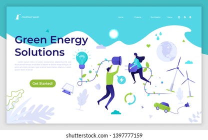 Landing page template with levitating man and woman holding plug, wind turbines, solar battery. Green energy solutions, eco friendly technologies, environment protection. Flat vector illustration.