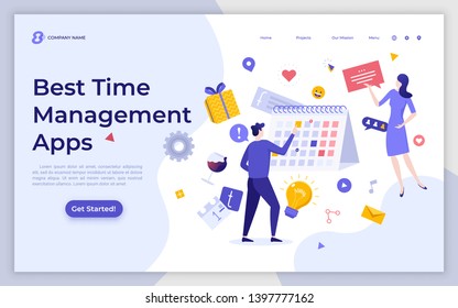 Landing page template with levitating people, calendar, timetable. Application for time management, effective planning, scheduling. Modern flat vector illustration for internet service promotion.