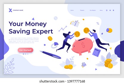 Landing page template with levitating people, coins and piggy bank. Money saving expert, investment consultation service, personal financial consultant. Modern flat vector illustration for website.