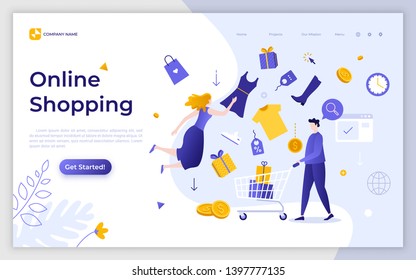 Landing page template with levitating woman, clothes and man carrying cart. Online shopping, internet retail, buying goods in web store. Modern flat vector illustration for advertisement, promo.