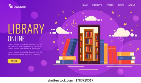 Landing page template. Library Online. A mobile phone with library bookshelves inside. There are many different books around the phone. Isolated on white. Vector illustration in modern flat design.