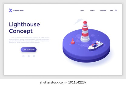 Landing Page Template mit Leuchtturm, Bootschiff und Frachtschiff oder Containerschiff im Ozean. Konzept der Seeschifffahrt und des Seeverkehrs. Moderne, bunte isometrische Vektorgrafik für Webseiten.