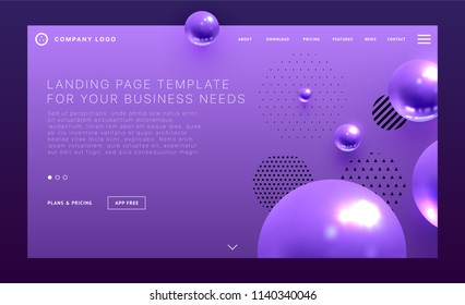 Landing page template with liquid fluid shapes and geometric patterns for business website design. Eps10 vector illustration