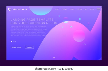 Landing page template with liquid fluid shapes and geometric patterns for business website design. Eps10 vector illustration