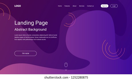 Landing page template with liquid fluid shapes and geometric patterns for business website design. Eps10 vector illustration. Violet background.