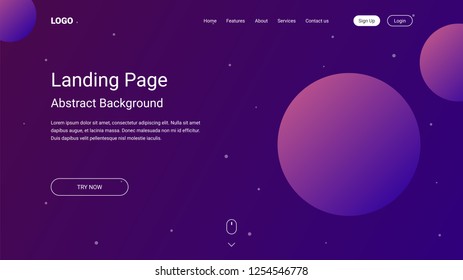 Landing page template with liquid fluid shapes and geometric patterns for business website design. Eps10 vector illustration. Violet background.