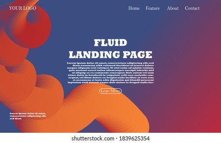 Landing page template with liquid fluid shapes and geometric patterns for business website design. Colorful 3d flow shapes. Liquid wave modern background.