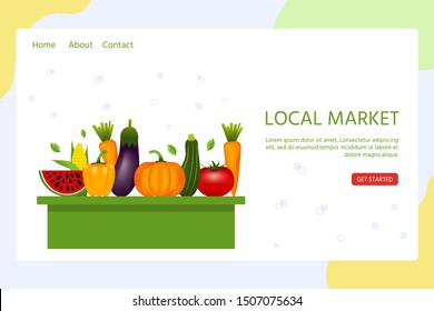 Landing page template for local market with set of realistic healthy vegetables  such as: carrot, tomato, pepper, eggplant, pumpkin. vector banner about diet, eco food