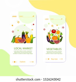 Landing page template for local market with set of realistic healthy vegetables  such as: carrot, tomato, pepper, pumpkin. vector banner about diet, eco food