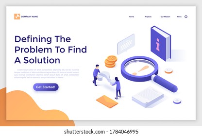 Landing page template with magnifier, book, people carrying interrogation point. Concept of defining problem to find solution or answer to question. Modern isometric vector illustration for website.