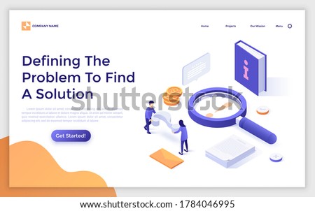 Landing page template with magnifier, book, people carrying interrogation point. Concept of defining problem to find solution or answer to question. Modern isometric vector illustration for website.