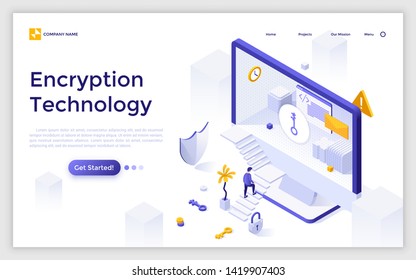 Landing page template with man ascending stairs to enter computer screen. Encryption technology, access to encrypted data. Isometric vector illustration for information security service advertisement.