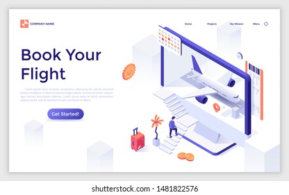 Landing page template with man ascending stairs and trying to enter computer screen with aircraft inside. Modern isometric vector illustration for flight booking service or airfare search website.