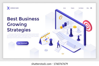 Landing page template with man ascending stairs to enter computer with chessboard inside. Concept of business growing strategies, project development tactics. Modern isometric vector illustration.