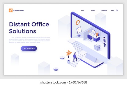 Landing Page Template With Man Ascending Stairs To Enter Computer Screen With Workplace Or Cubicle Inside. Concept Of Distant Office Solution, Remote Work. Modern Isometric Vector Illustration.