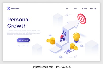 Landing page template with man ascending steps of arrow pointing at target. Concept of personal growth, professional development, increase in income. Modern isometric vector illustration for webpage.