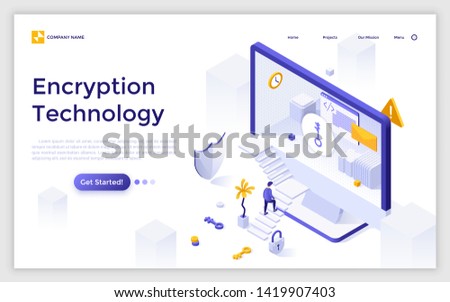 Landing page template with man ascending stairs to enter computer screen. Encryption technology, access to encrypted data. Isometric vector illustration for information security service advertisement.