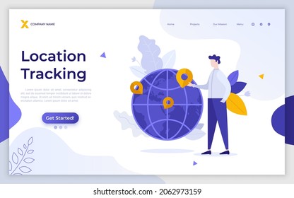 Lanzar plantilla de página con el hombre que asocia pines de mapa al globo. Concepto de localización geográfica de seguimiento, búsqueda de ruta, búsqueda de punto de destino de viaje. Ilustración vectorial plana moderna para sitio web.