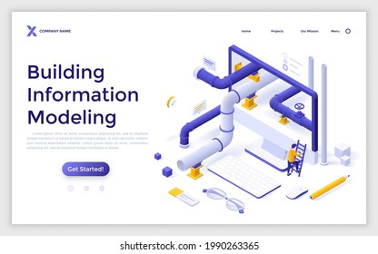 Landing page template with man climbing ladder to enter computer screen with piping system inside. Concept of pipeline or canalization structure modeling. Isometric vector illustration for website.
