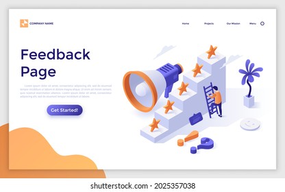 Landing page template with man climbing ladder, stairs with five stars and megaphone. Concept of customer feedback page, quality rating or ranking. Modern isometric vector illustration for website.