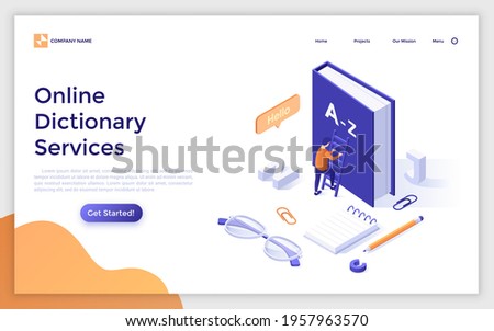 Landing page template with man climbing up ladder leaning against book. Concept of online dictionary service, internet translator, linguistics. Modern isometric vector illustration for webpage.