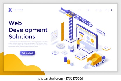 Landing page template with man creating website on computer screen and construction crane. Concept of web development solutions, user interface engineering. Modern isometric vector illustration.
