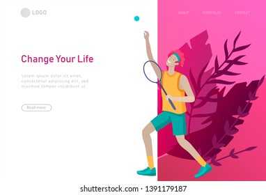 Landing page template with man doing tennis workout. People performing sports outdoor activities at park or Nature. Cartoon illustration
